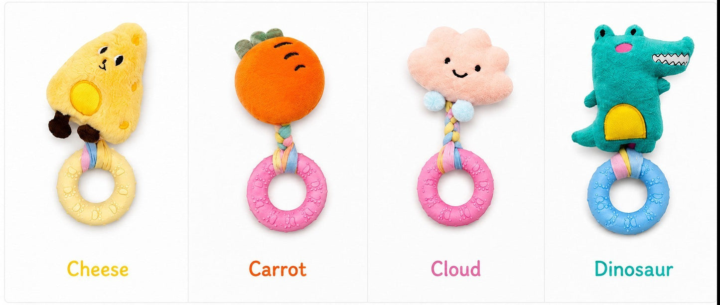 Joopy & Co squeaky plush toy set featuring cheese, carrot, cloud, and dinosaur characters with TPR chew rings.