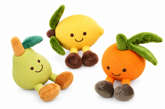 Fruity Friends Trio lemon mandarin and pear plush dog toys on white background