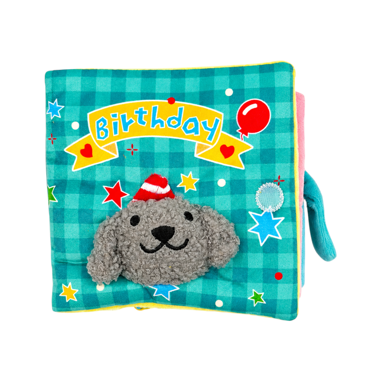 Joopy & Co blue birthday-themed fabric snuffle book for dogs with a grey plush dog wearing a party hat on the cover