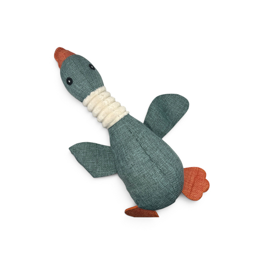 Joopy & Co blue canvas duck plush dog toy with a textured neck and orange beak and feet