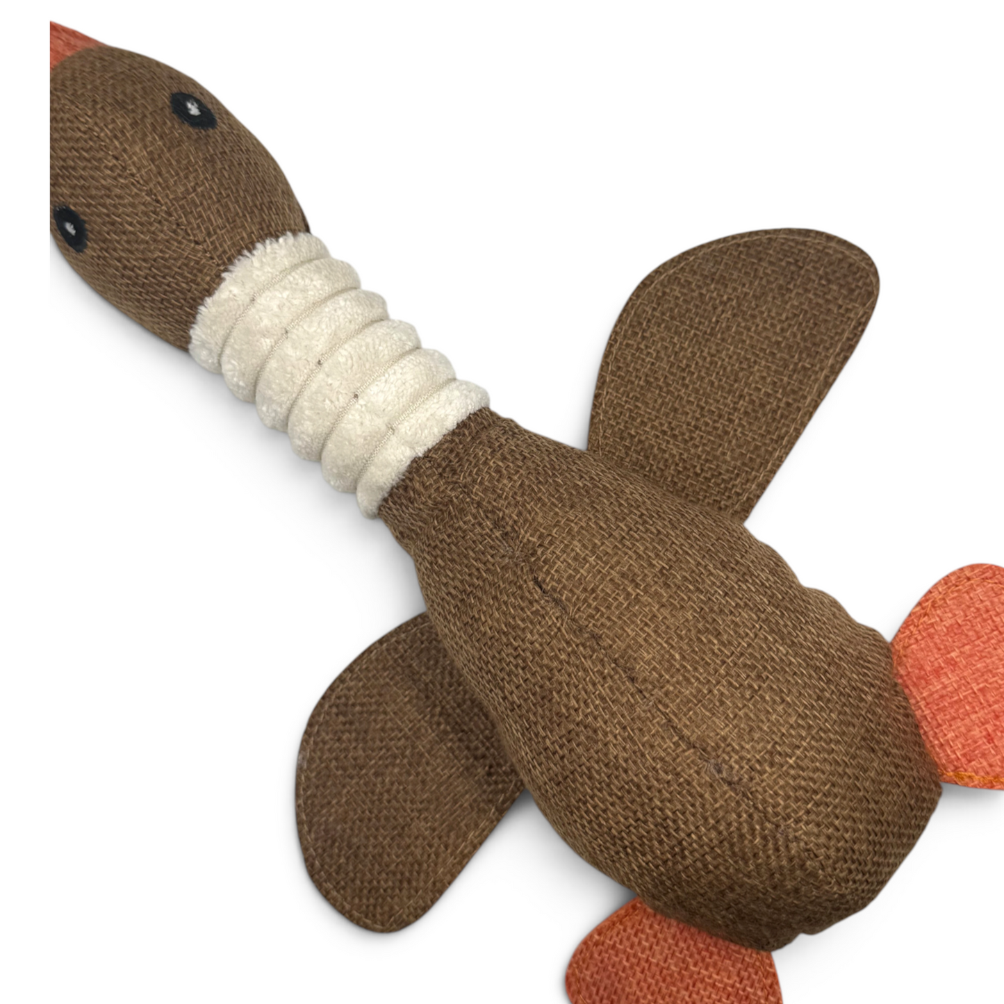 Joopy & Co brown canvas duck plush dog toy with a textured neck and orange feet for interactive play