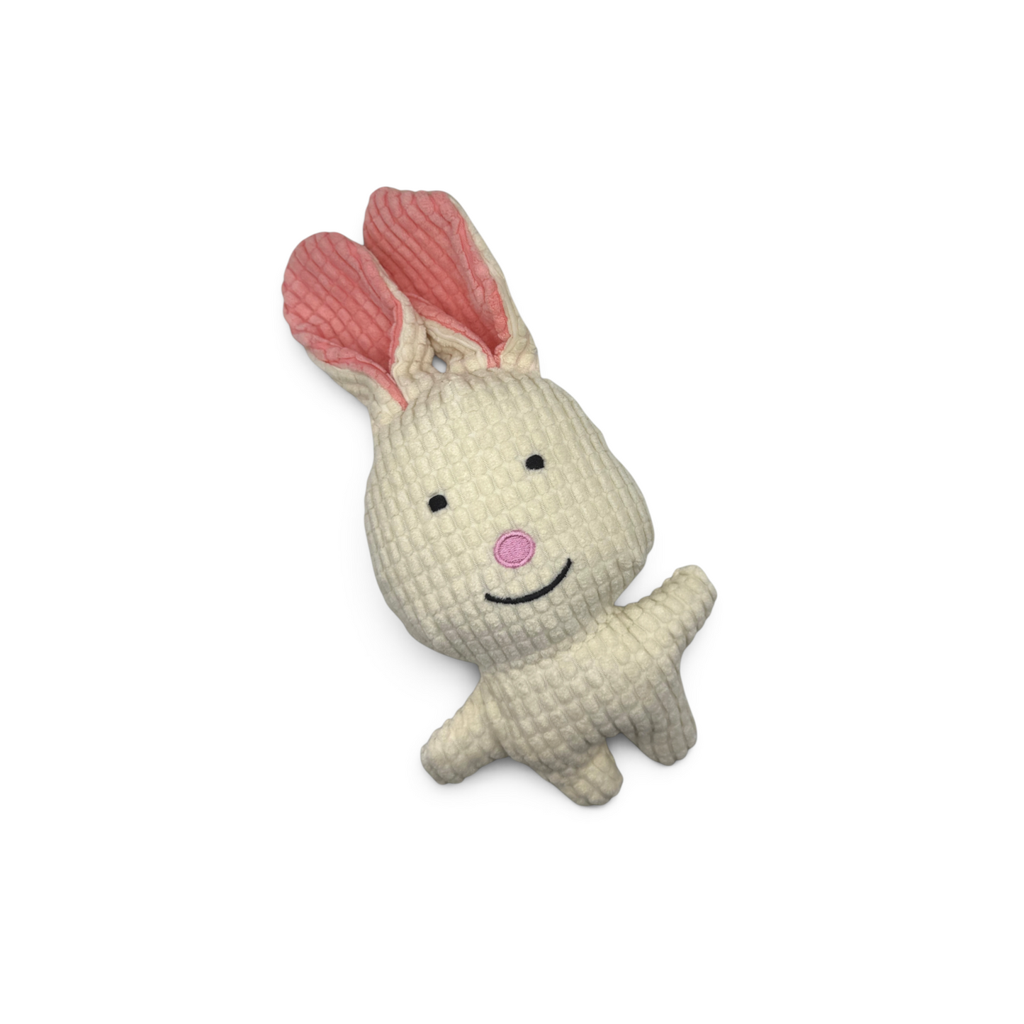 Joopy & Co squeaky bunny plush toy in cream corduroy fabric with pink inner ears and nose for small dogs