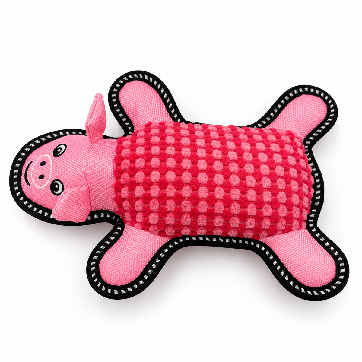 Pink pig plush chew toy side view on white background